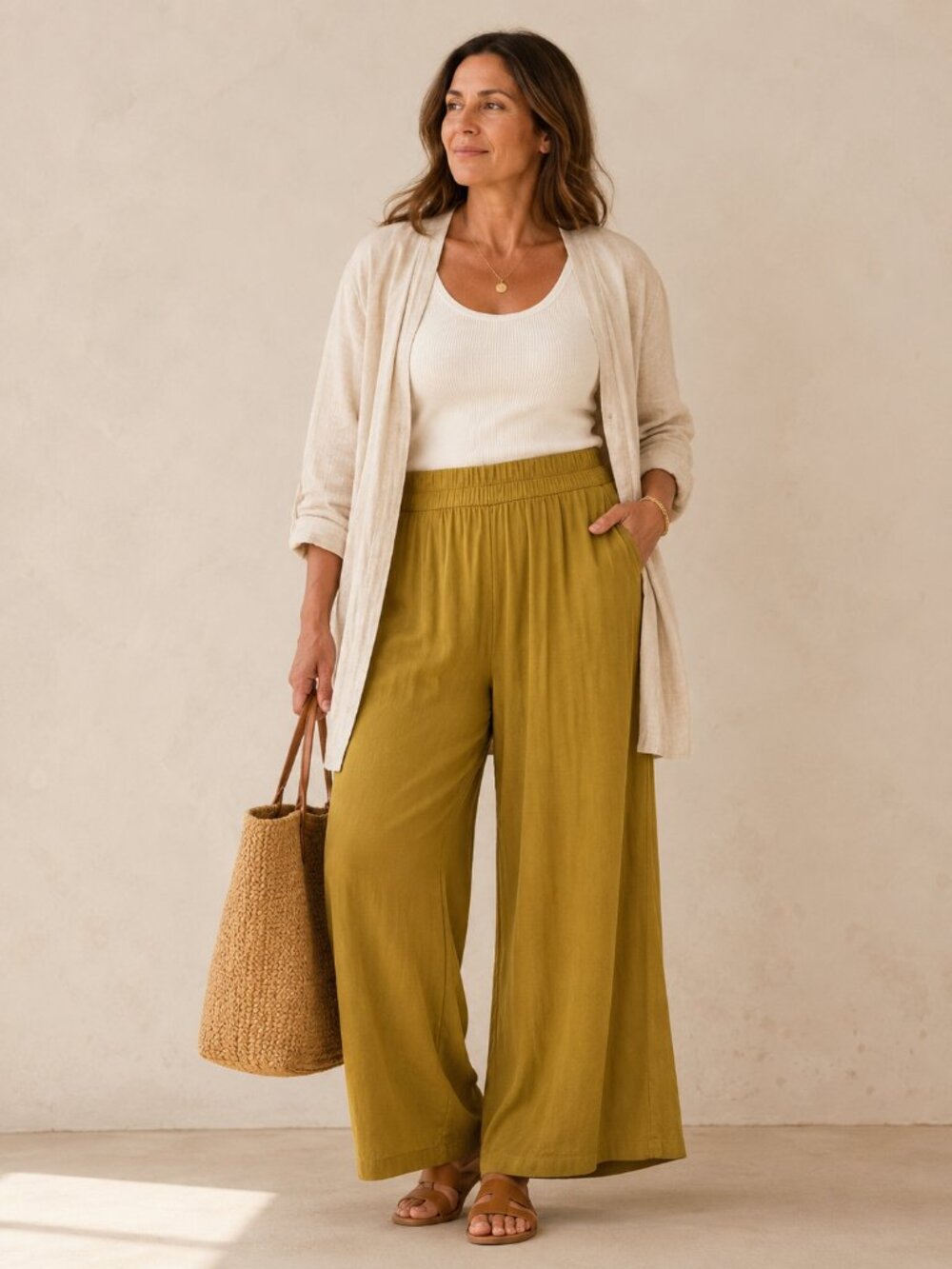 LOGO Lori Goldstein Olive Mustard Wide Leg Pull On Pants Pockets Stretch LP